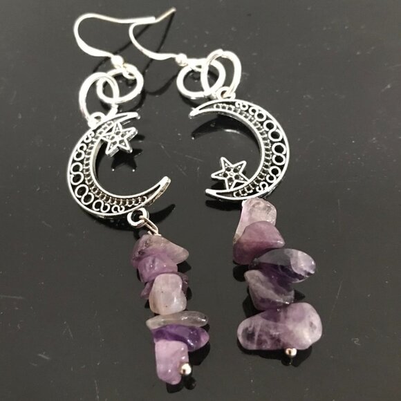 Moon Star Earrings Silver Genuine Amethyst Drop Dangle - Picture 1 of 8